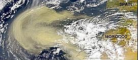 large dust cloud over the Atlantic northwest of Africa