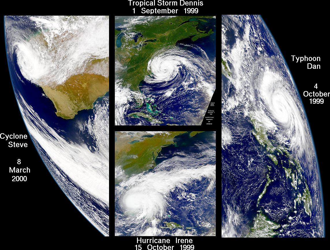 Four images of cyclonic storms.