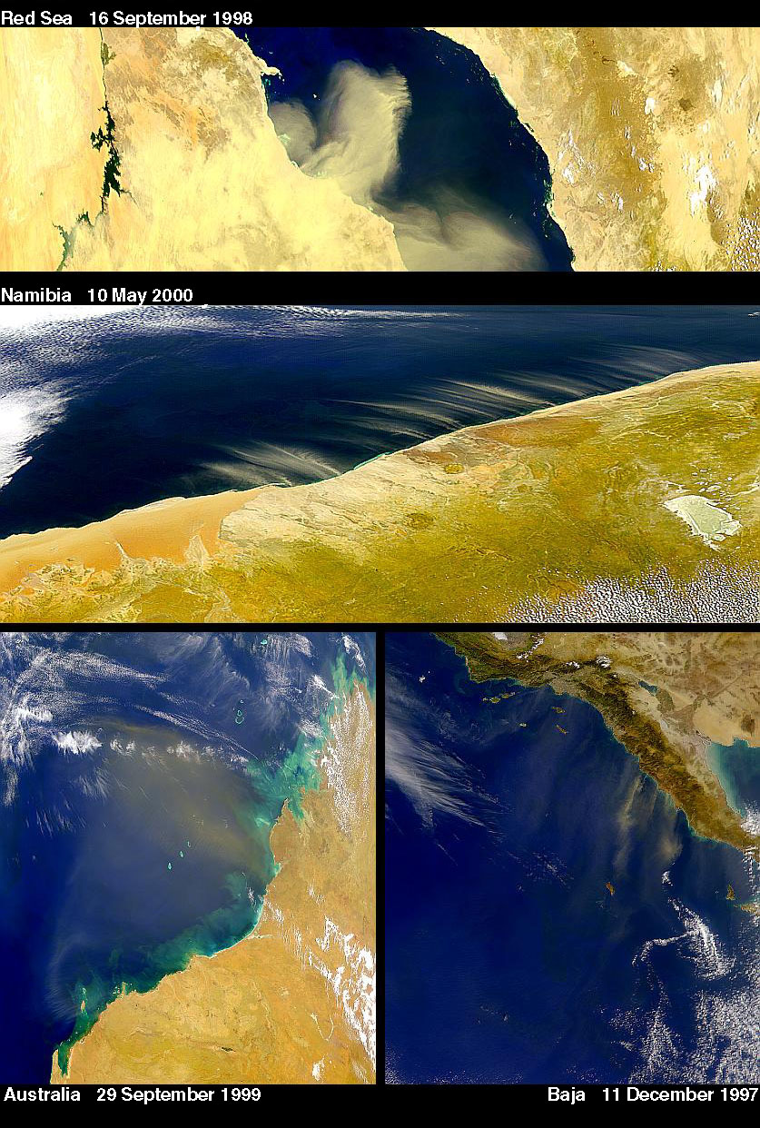 Dust plumes from Sudan, Namibia, Australia, and Baja California
