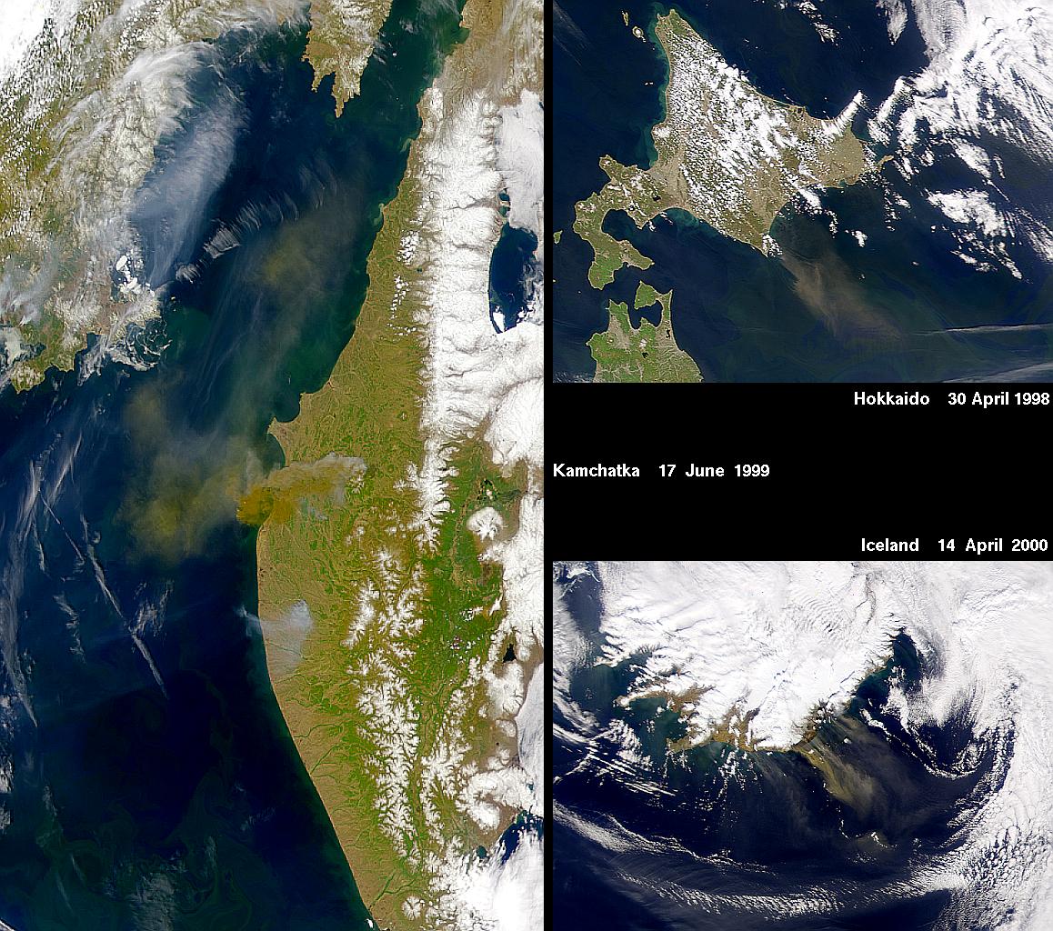 Unexplained aerosol plumes in Kamchatka, Hokkaido, and Iceland