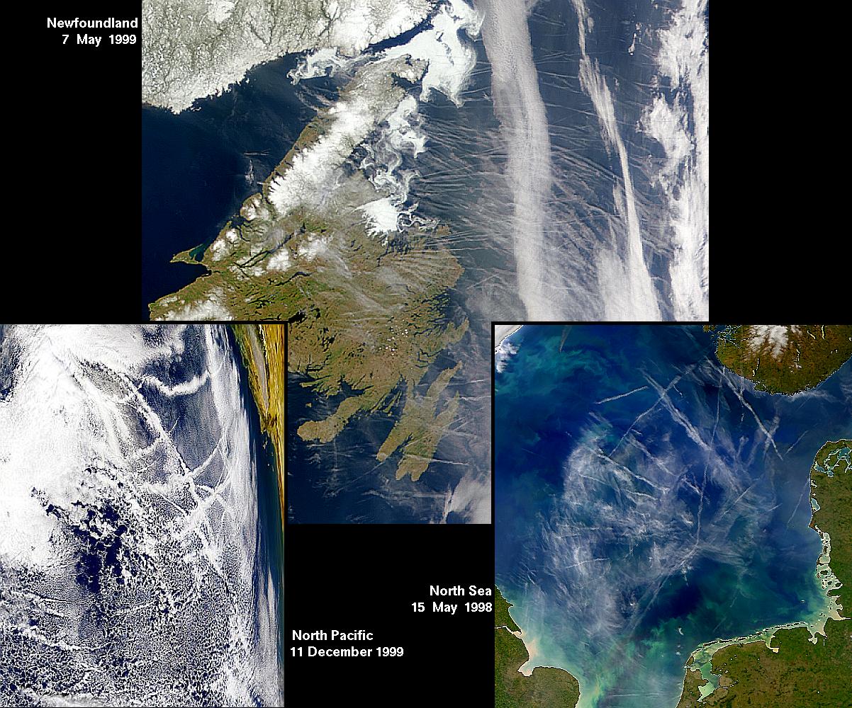 Contrails over Newfoundland, the North Sea, and the North Pacific