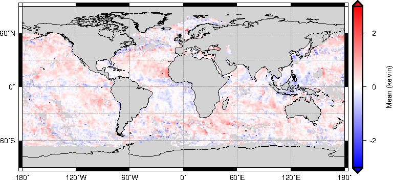 SST bias after correction Collocated VIIRS sst - AMSR-2 skin SST for 2014-03-01 to 2014-03-04 after applying aerosol correction