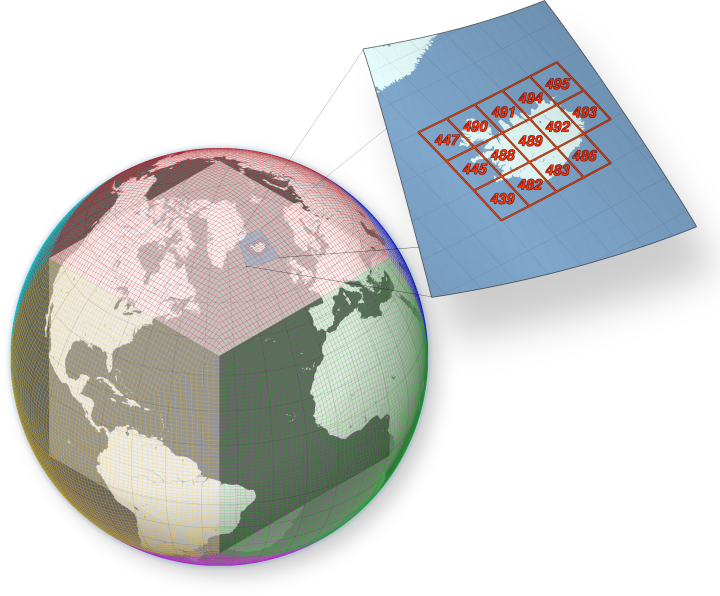 diagram of the globe with level-6 quadsphere bins overlaid