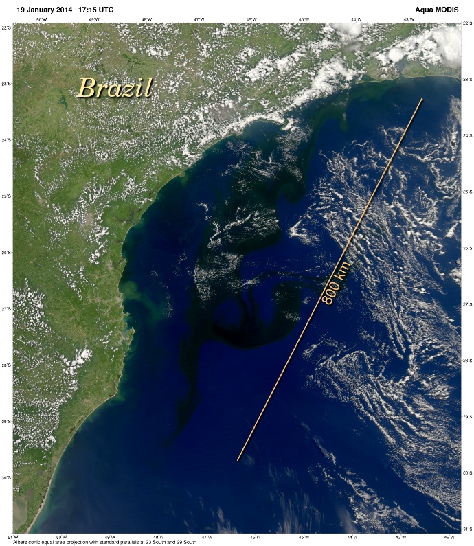 natural-color MODIS image of dark bloom off of Brazil
